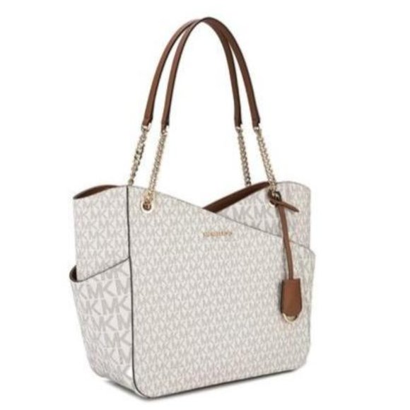 NWT Michael Kors Large Jet Set Travel Tote Handbag Signature Vanilla Gold MINT - Picture 8 of 16